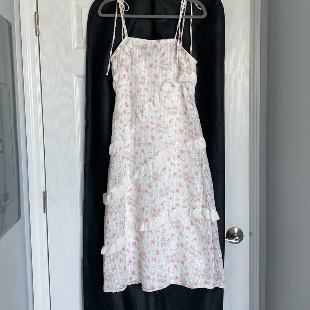 Endlessly Adored White Floral Print Tie-Strap
Midi Dress